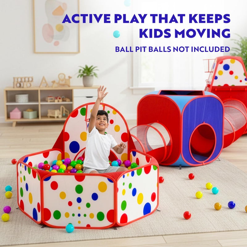 Playz 5-Piece Kids Play Tents Crawl Tunnels and Ball Pit Popup Bounce Playhouse Tent with Basketball Hoop for Indoor and Outdoor Use with Red Carrying Case - Image 5